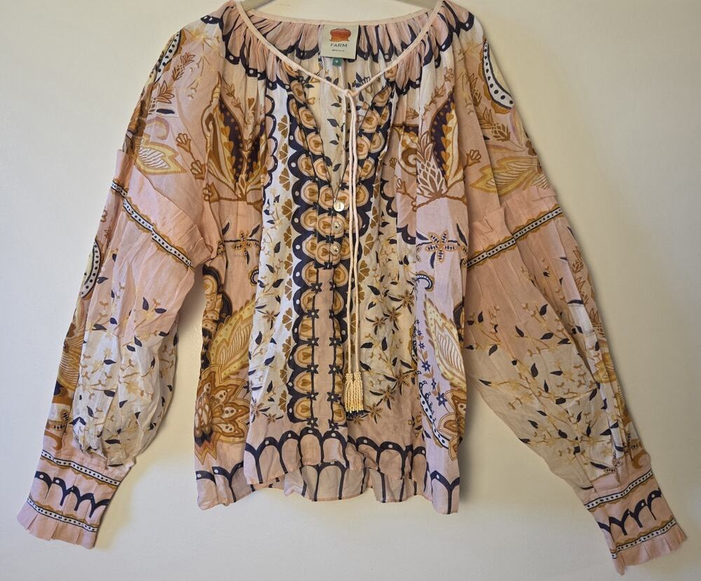 FARM Rio Jaipur Floral Print Poet Blouse Size M Pink Cotton Boho Peasant Top M